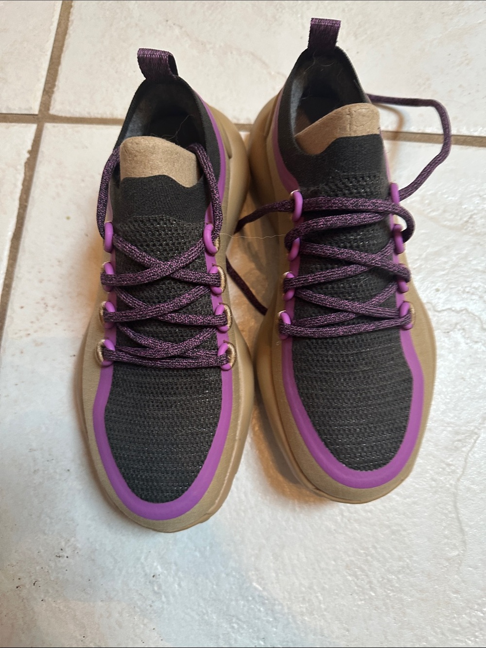 allbirds Black Knit Sneakers with Purple Trim and Tan Sole